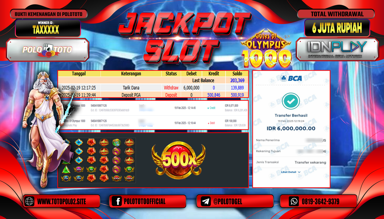 POLOTOTO JACKPOT SLOT GATES OF OLYMPUS 1000 Rp.6.000.000,-