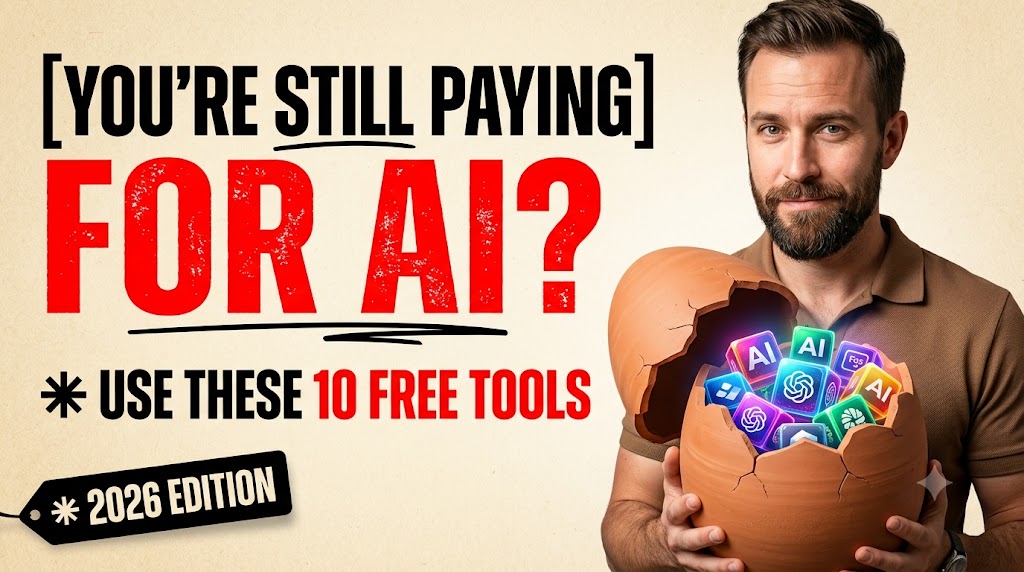AI-generated example result for the youtube-thumbnail prompt: You're Still Paying For AI? Thumbnail – 10 Free Tools 2026 Edition (Variant) AI YouTube Thumbnail Prompt