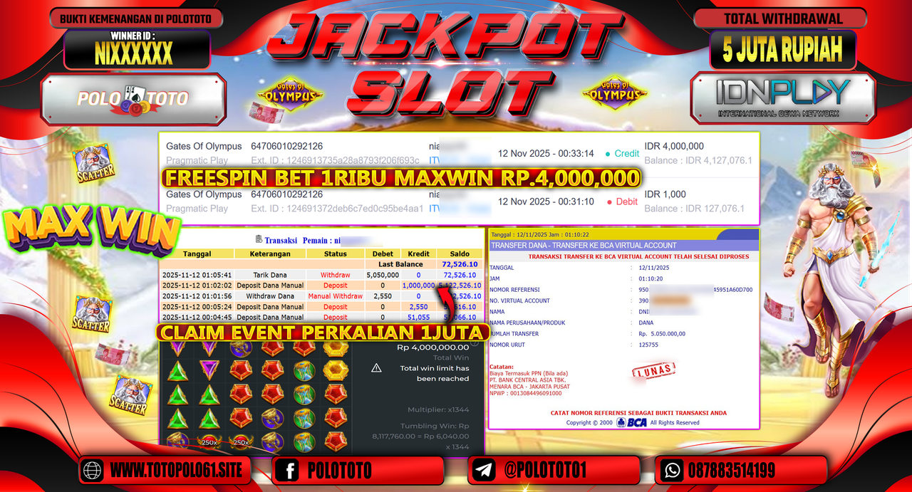 POLOTOTO JACKPOT SLOT GATES OF OLYMPUS Rp.5.000.000,- LUNAS