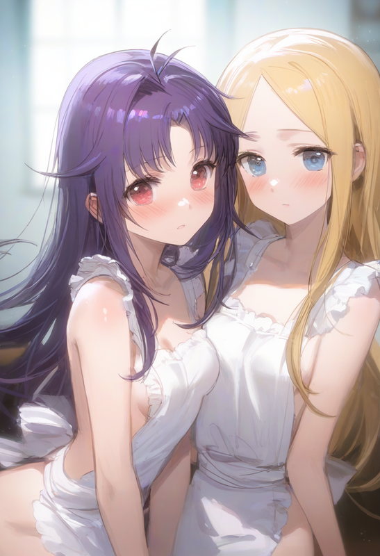 2girl, yuuki, sao, purple hair, red eyes, nude apron, abigail williams, fate, bl s-3244232457