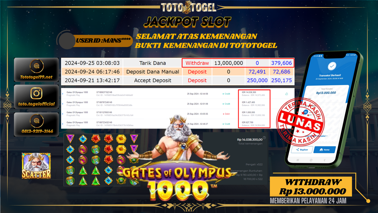 Bukti Kemenangan Permainan Slot Gates Olympus 1000 ID : MANS*** Terbayar Lunas!!