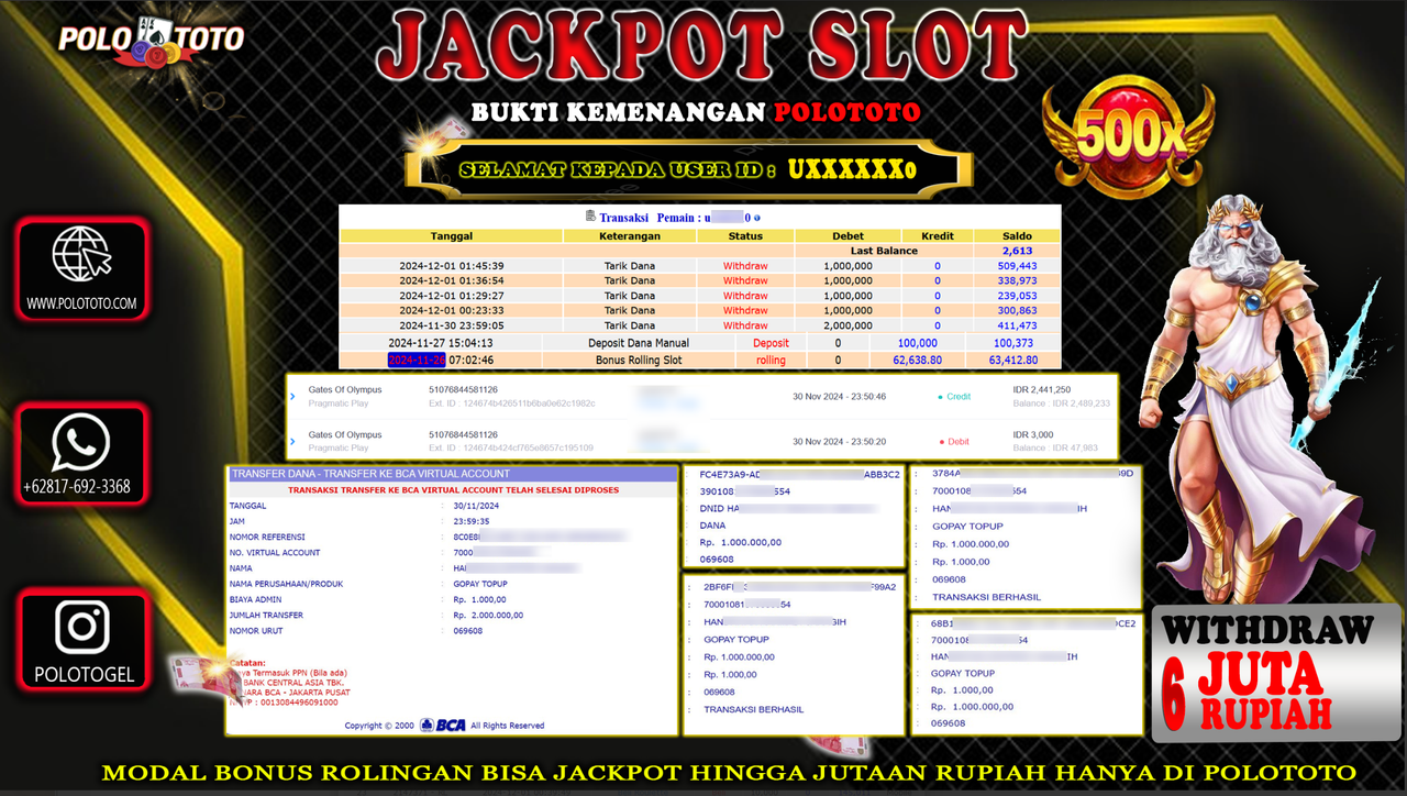 POLOTOTO JACKPOT SLOT GATES OF OLYMPUS Rp.6,000.000,-