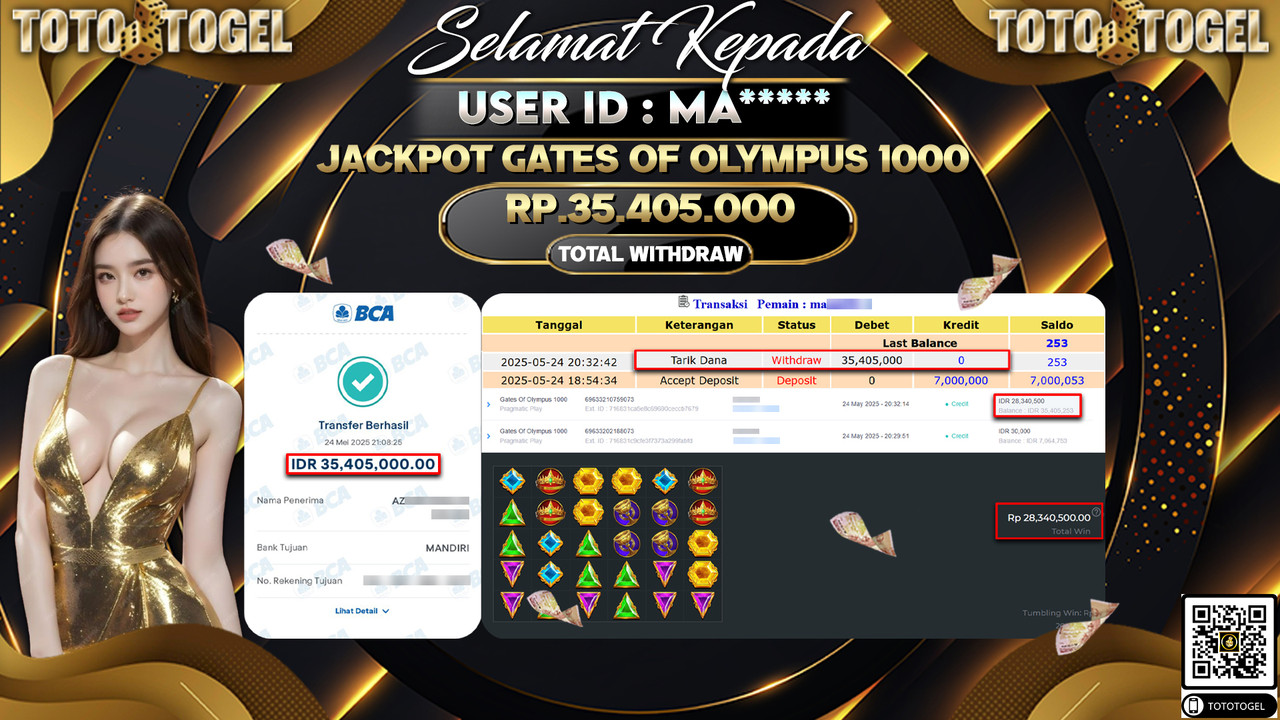 Bukti Pembayaran Jackpot Permainan Slot Gates Of Olympus 1000 ID:MA***** LUNAS