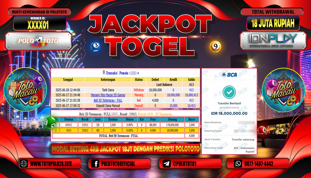 POLOTOTO JACKPOT TOGEL TOTO MACAU 5D Rp.18.000.000,- LUNAS