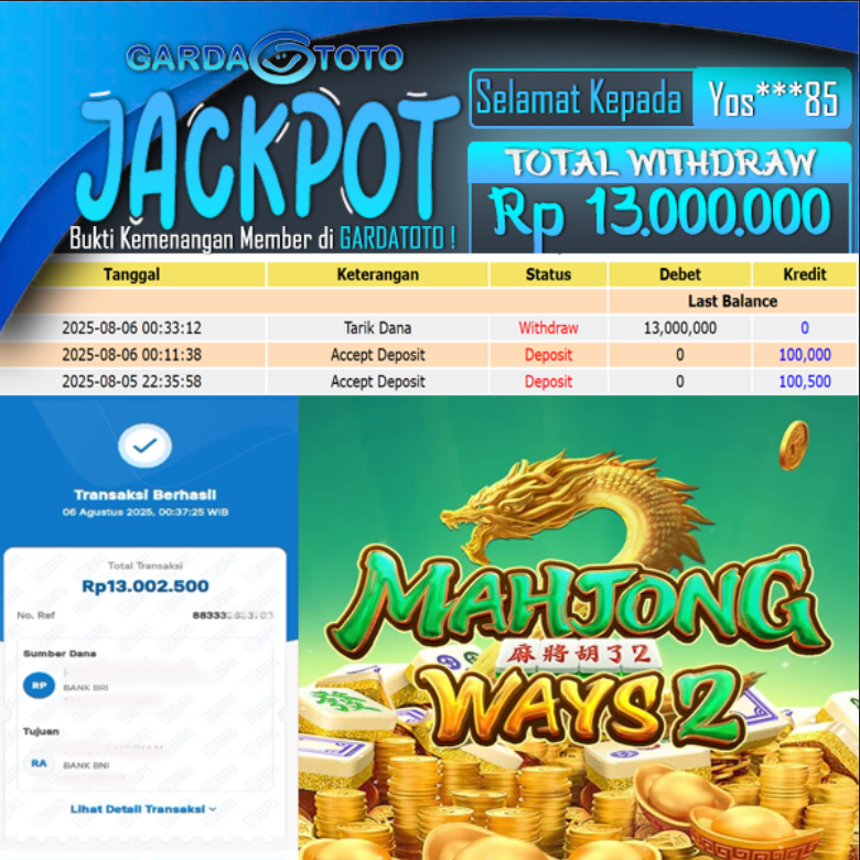JACKPOT SLOT MAIN DI SLOT MAHJONG WAYS 2 WD Rp 13.000.000,- DIBAYAR LUNAS GARDATOTO MANTAP !