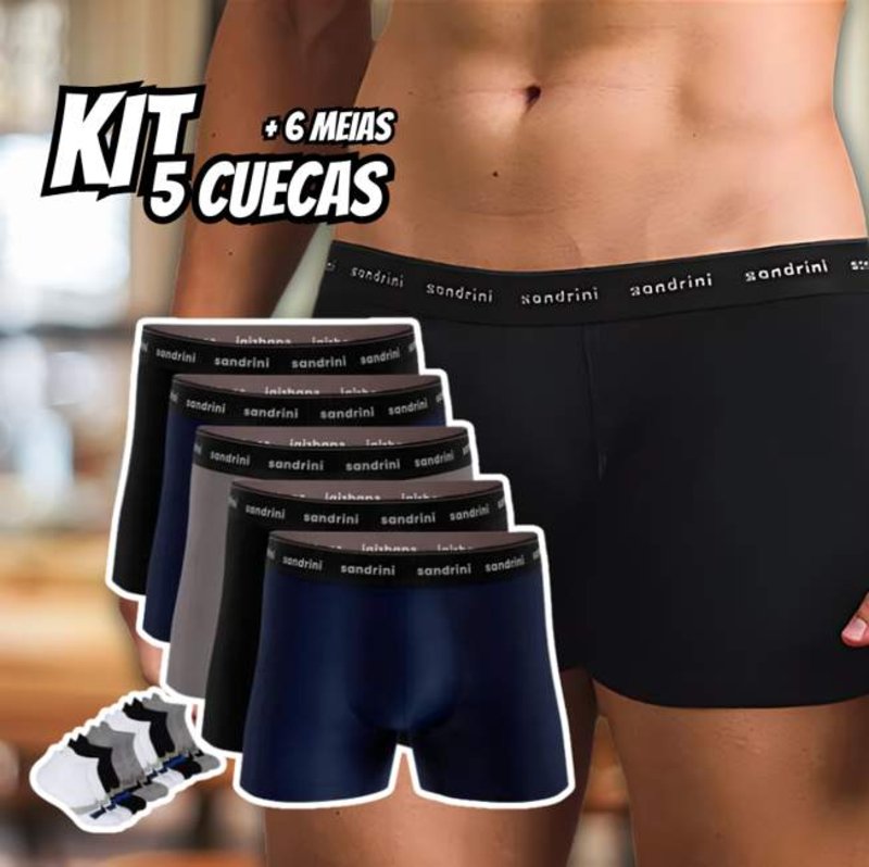 Kit 5 Cuecas Boxer Masculinas Adulto Box + 3 Pares Meias Original – Sandrini