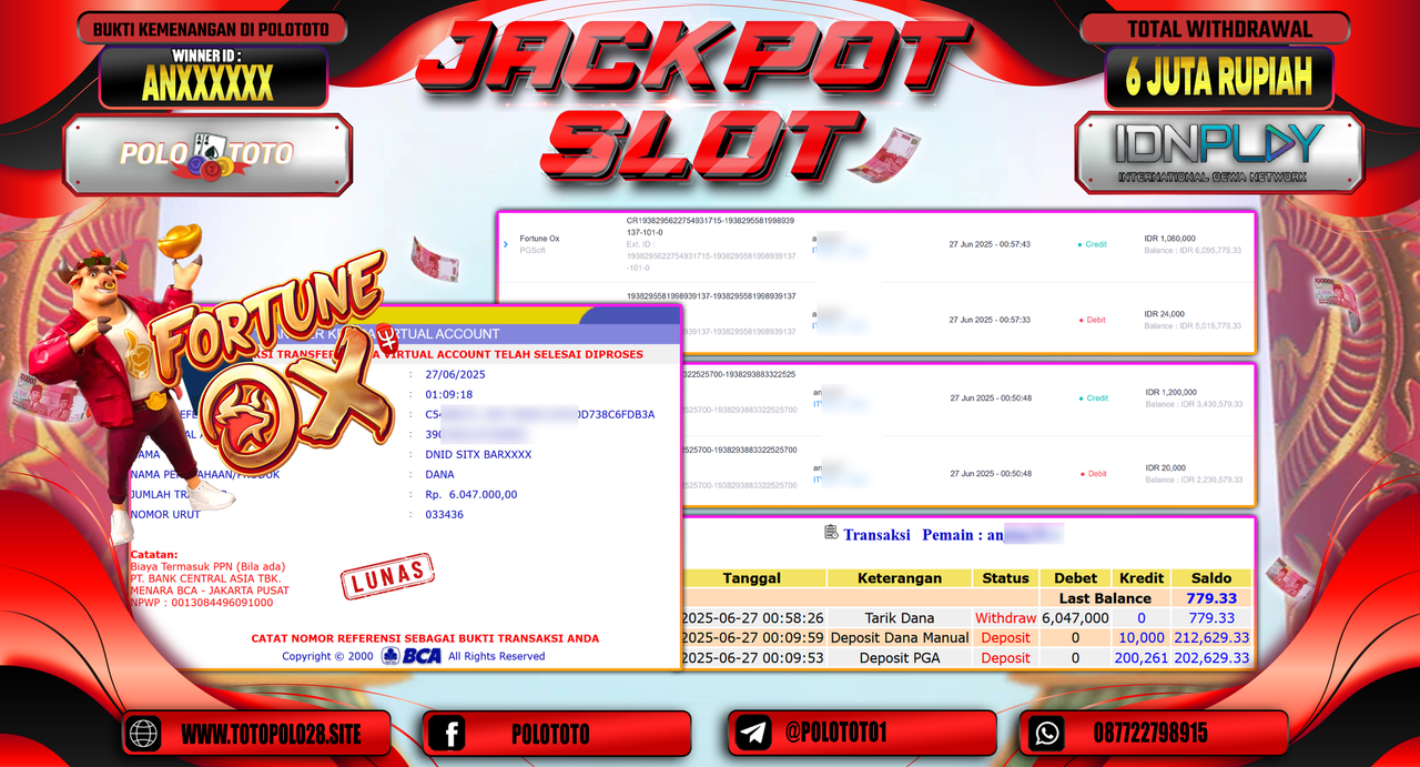 POLOTOTO JACKPOT SLOT FORTUNE OX Rp.6.047.000,-