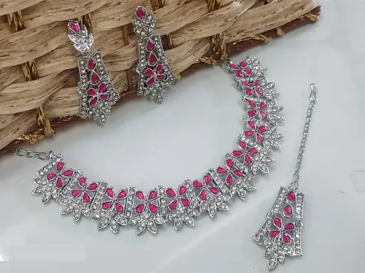 Rhodium Plated Necklace Set With Rani Color Kundan (A105)