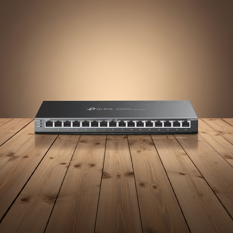 Painel frontal do switch mostrando 16 portas Gigabit