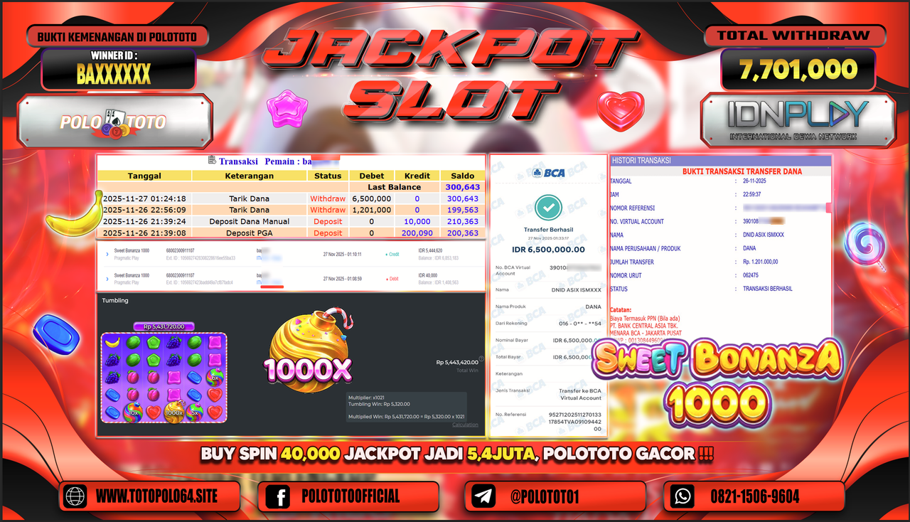 POLOTOTO JACKPOT SLOT SWEET BONANZA 1000 Rp.7.701.000,- LUNAS