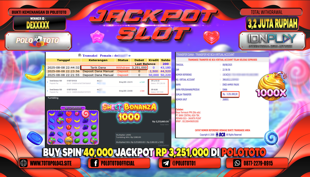 POLOTOTO JACKPOT SLOT SWEET BONANZA 1000 Rp.3.200.000,-LUNAS