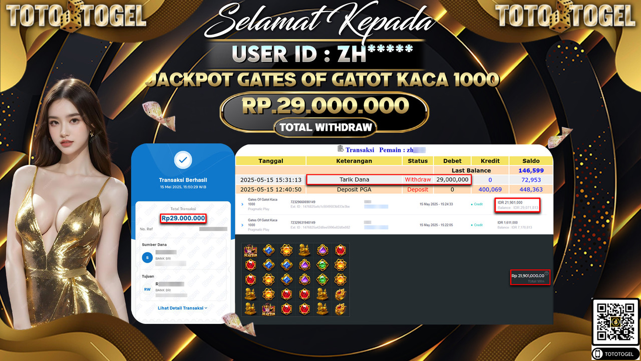 Bukti Pembayaran Jackpot Permainan Slot Gates Of Gatot Kaca 1000 ID:ZH***** LUNAS