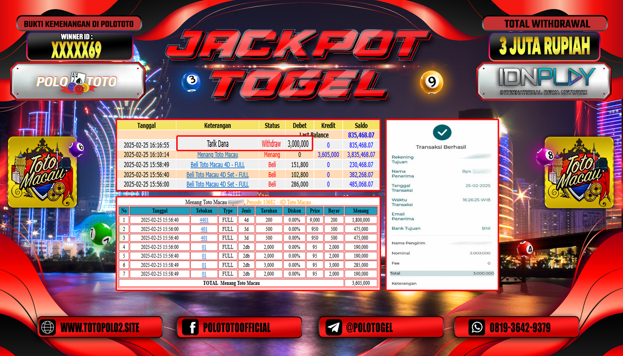 POLOTOTO JACKPOT TOGEL TOTO MACAU 4D Rp.3.000.000,- LUNAS