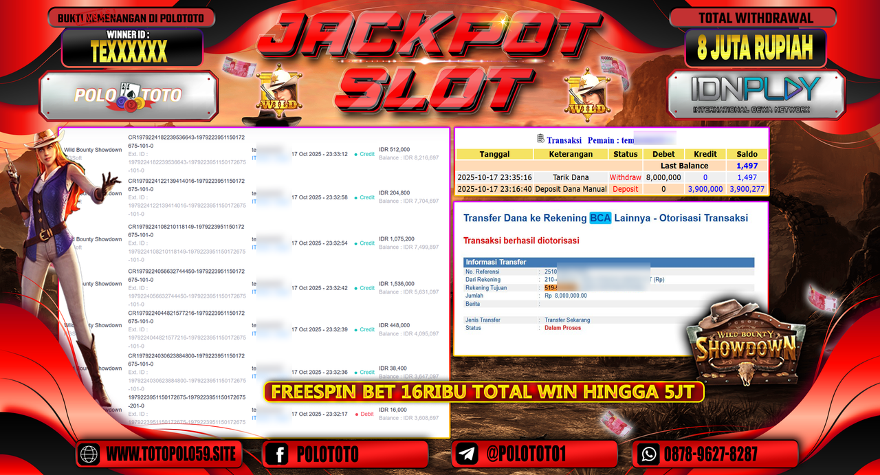 POLOTOTO JACKPOT SLOT WILD BOUNTHY SHOWDOWN Rp.8.000.000,- LUNAS