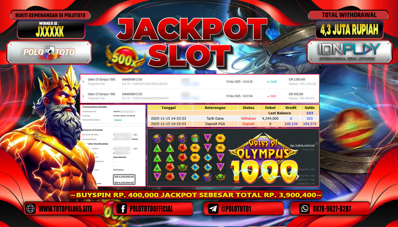 POLOTOTO JACKPOT SLOT GATES OF OLYMPUS 1000 Rp.4.300.000,- LUNAS