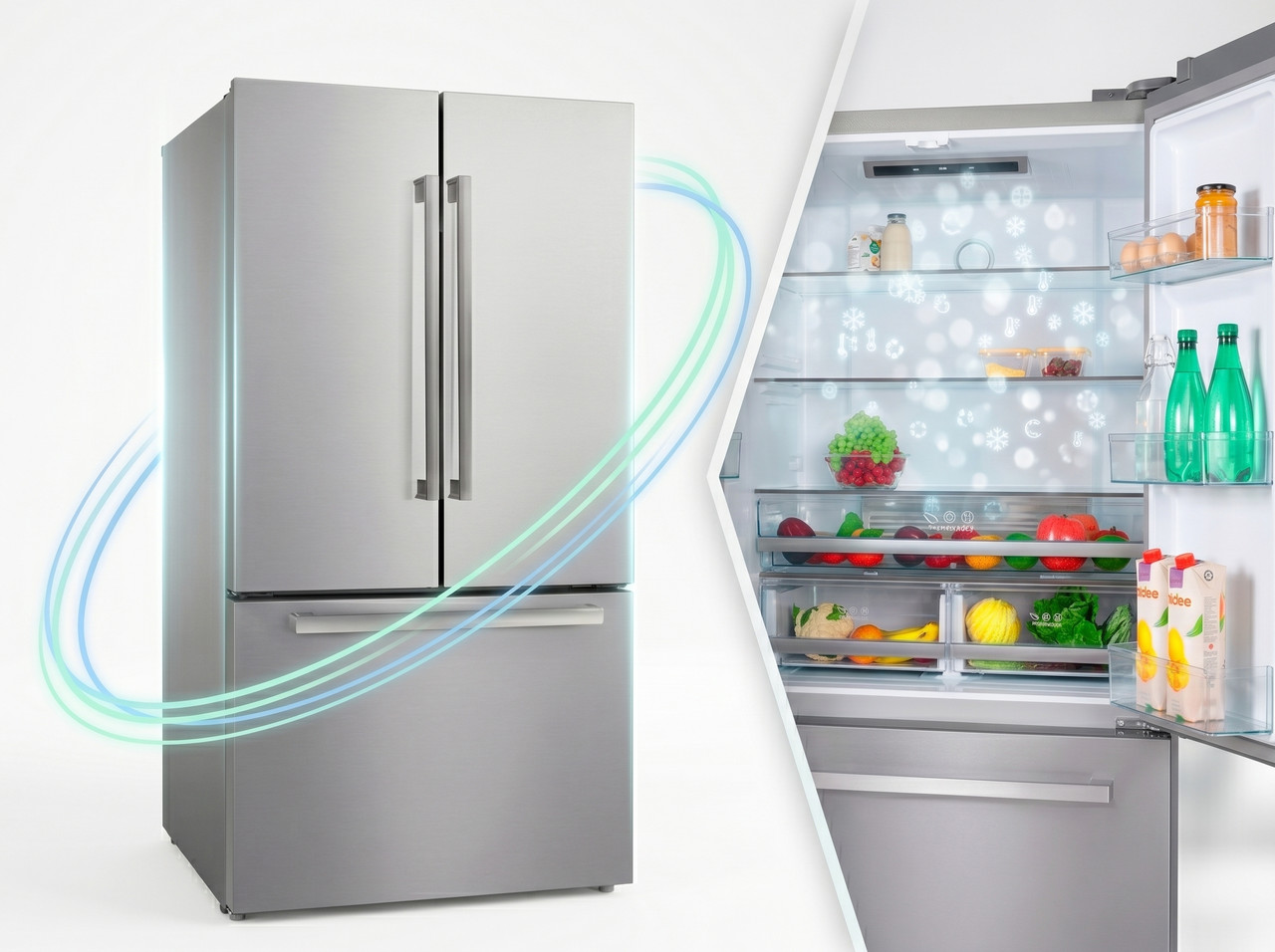 Nevera Oster French Door con puertas abiertas mostrando su capacidad