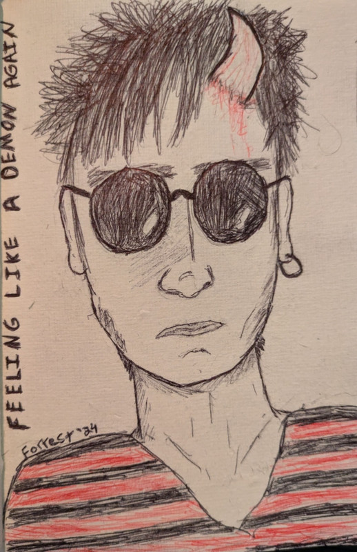 portrait of a young man with circle glasses and a bloody horn growing from head