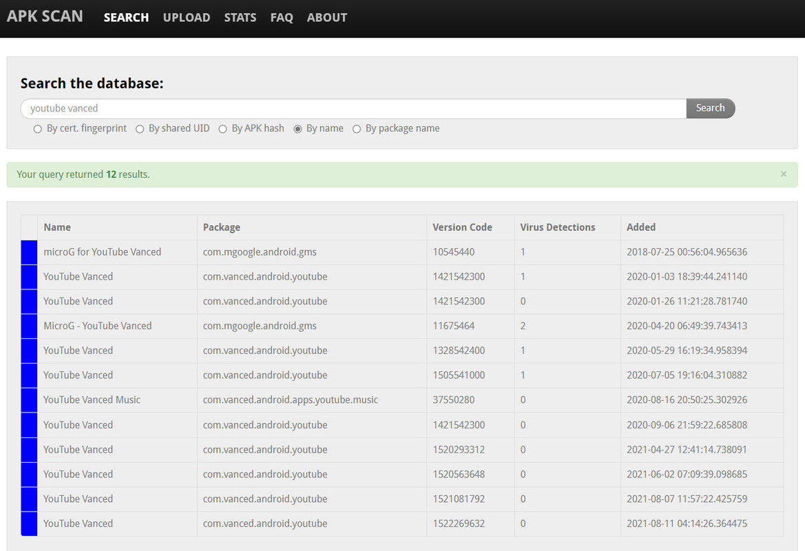 Contoh hasil scan atau pencarian apk di situs scanapk.org