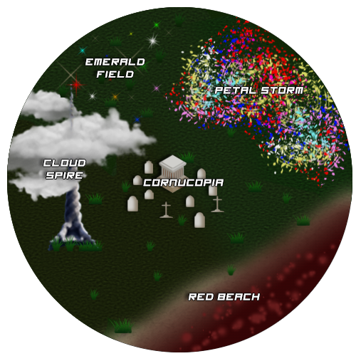 map of the Arena: graveyard at the Cornucopia in the center, with images of the Petal Storm to the northeast, Emerald Field to the northwest, Cloud Spire to the east, and Red Beach to the south