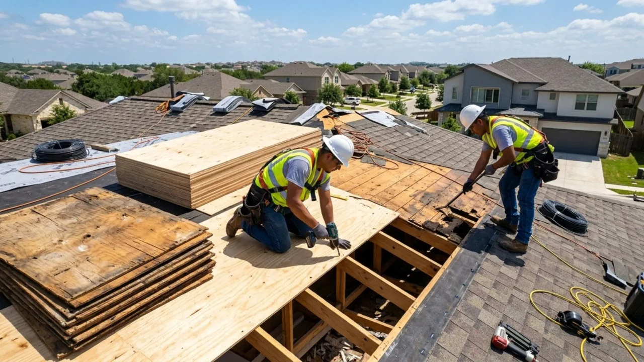 Roof decking inspection and plywood replacement on a San Antonio roof installation
