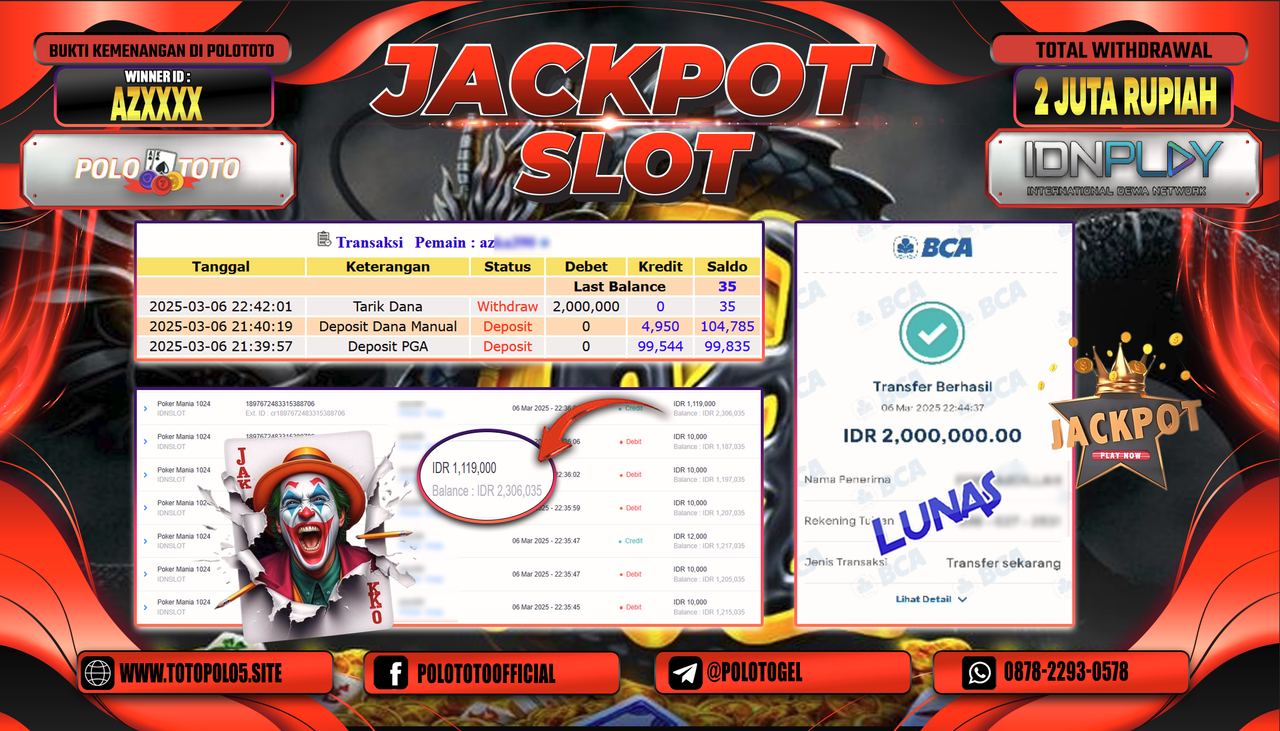 POLOTOTO JACKPOT SLOT POKER MANIA 1024 Rp.2.000.000,-