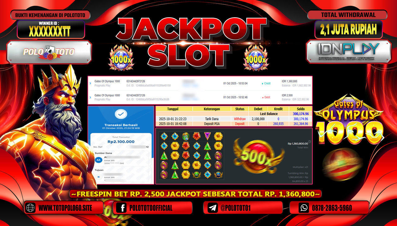 POLOTOTO JACKPOT SLOT GATES OF OLYMPUS 1000 Rp.2.100.000,- LUNAS
