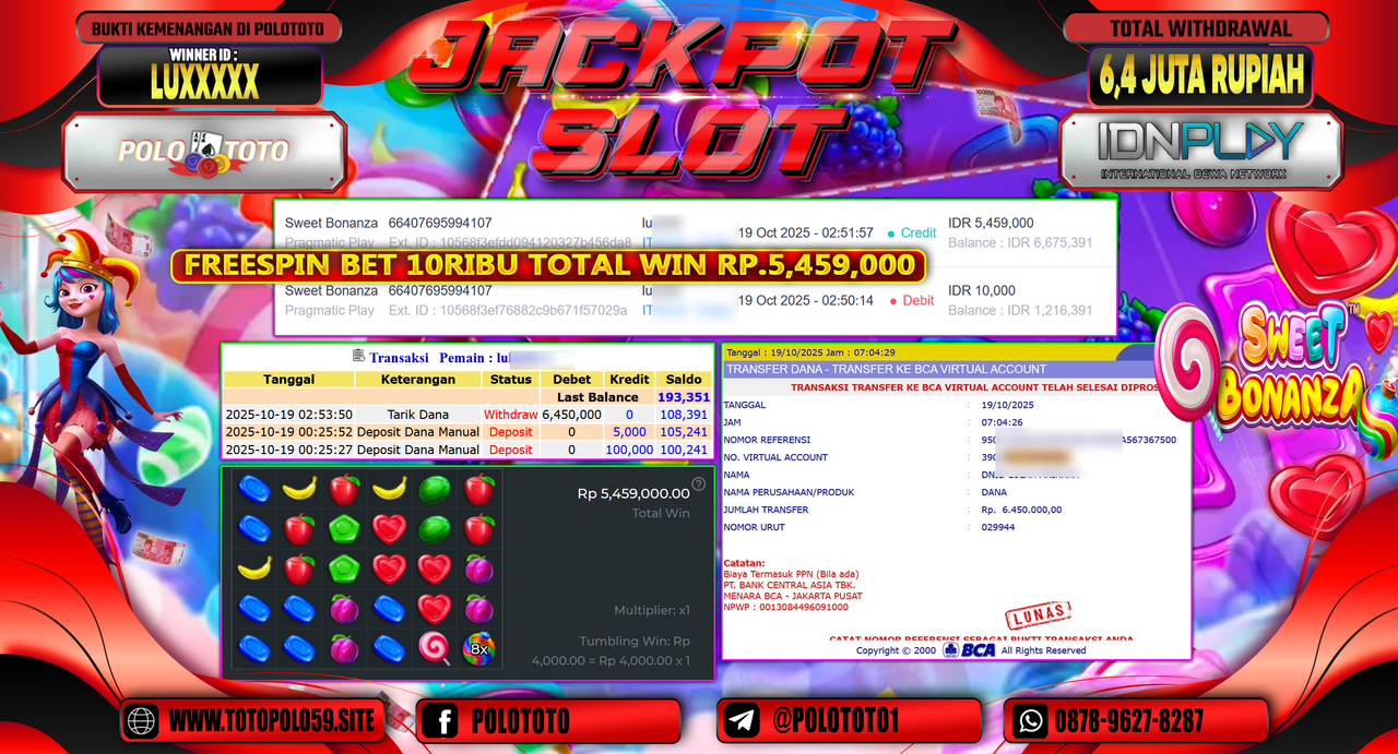 POLOTOTO JACKPOT SLOT SWEET BONANZA Rp.6.400.000,- LUNAS