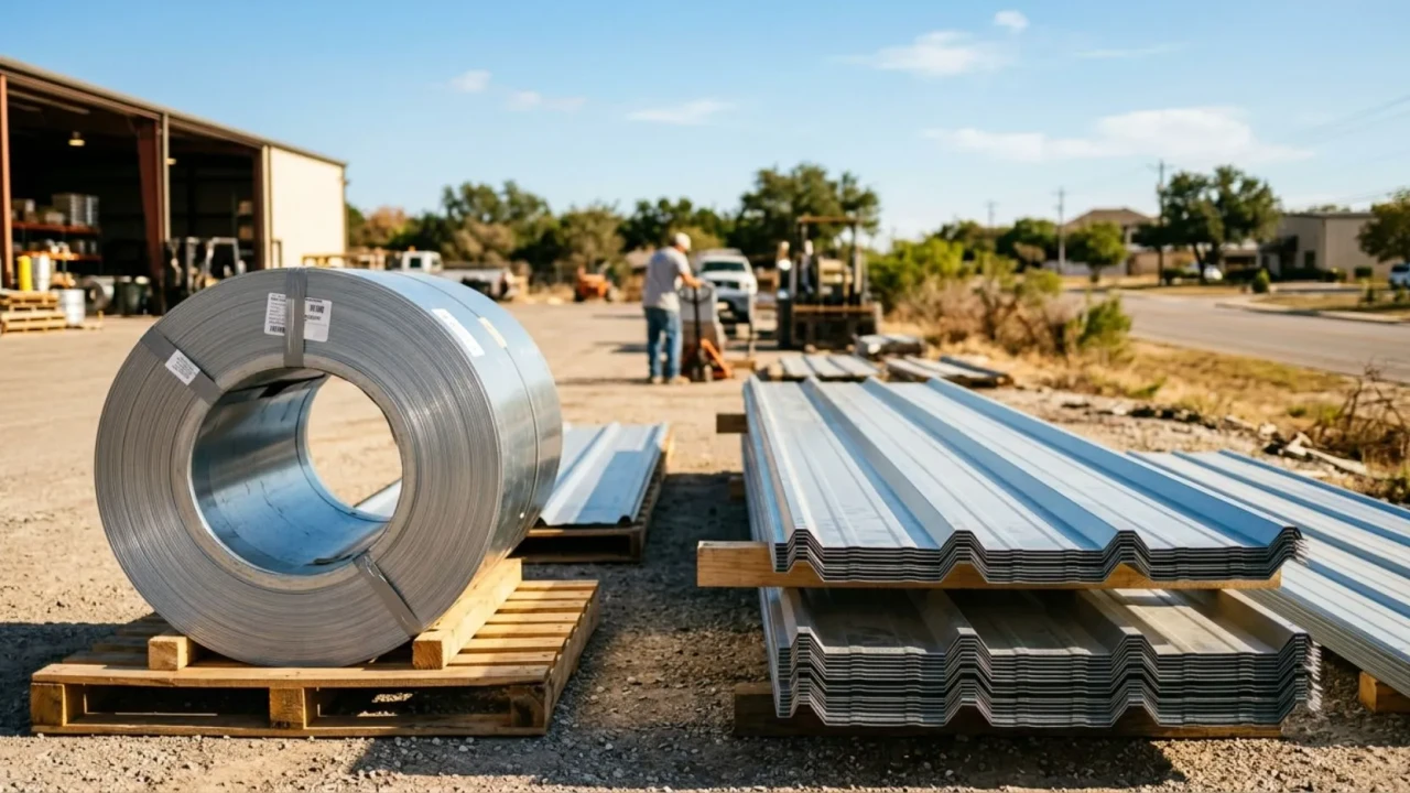 Metal roofing coil and formed panels showing raw material before installation in San Antonio