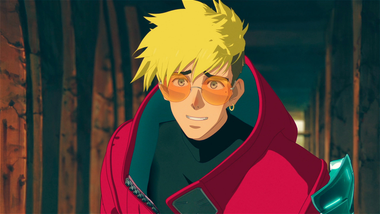 A screenshot from Trigun Stampede of Vash making an empathetic face.