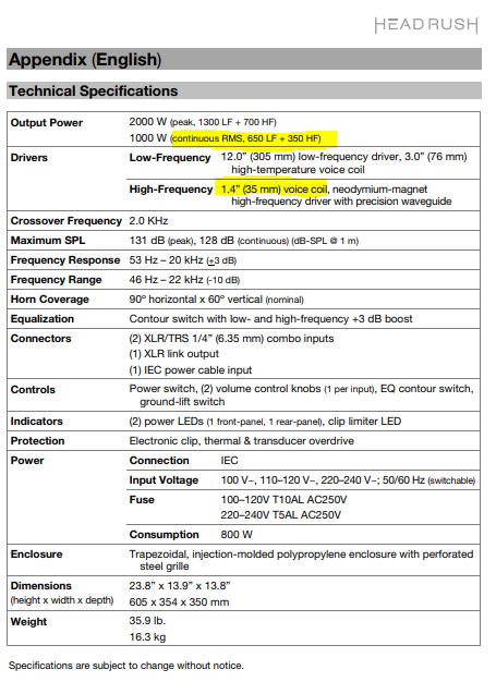 headrush frfr 112 specs