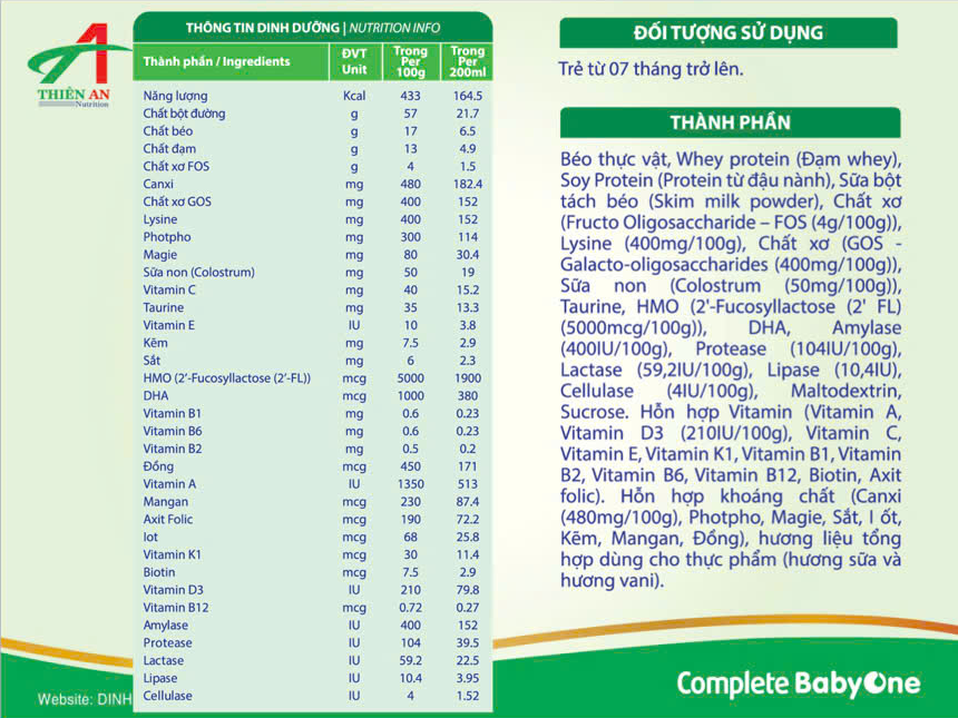Thành phần dinh dưỡng Complete BabyOne