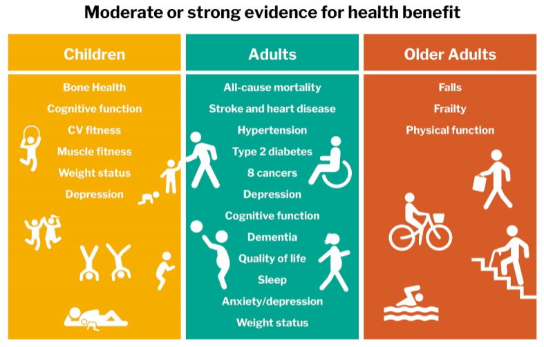 Moderate or strong evidence for health benefits of exercise