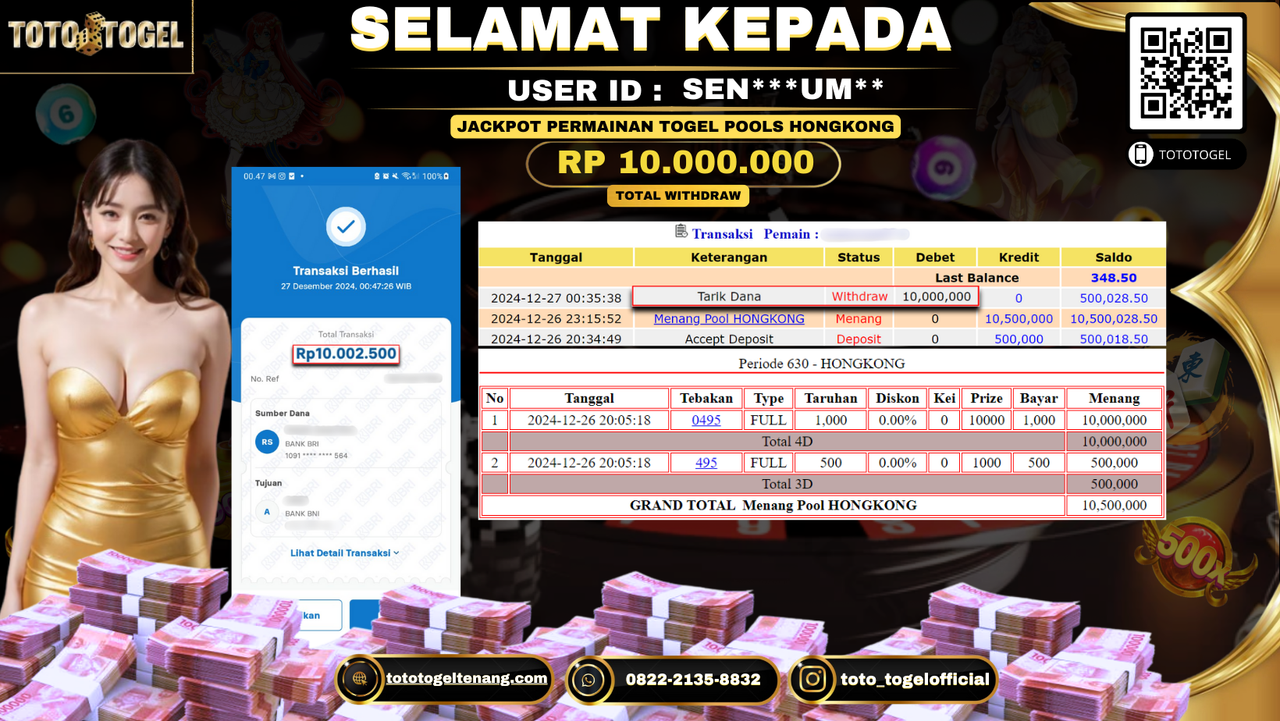 Bukti Pembayaran Jackpot  Permainan Togel Pools Hongkong : SEN***UM** LUNAS