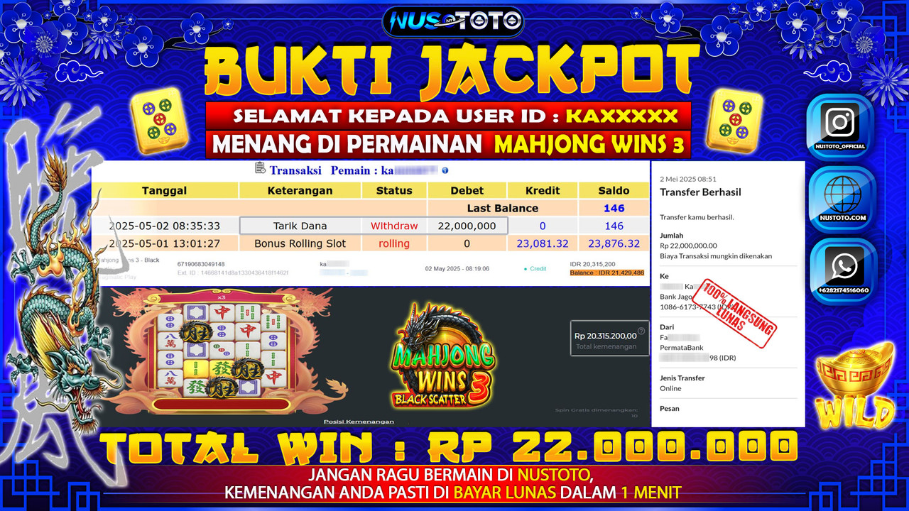 JACKPOT !! MENANG BESAR DI SLOT MAHJIONG WINS 3 Rp. 22.000.000 LANGSUNG DI BAYAR LUNAS NUSTOTO !!