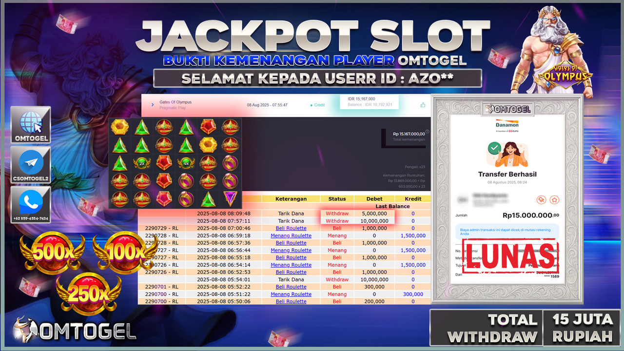 OMTOGEL JACKPOT PRAGMATIC PLAY GATES OF OLYMPUS 15 JUTA DI BAYAR LUNAS ,-