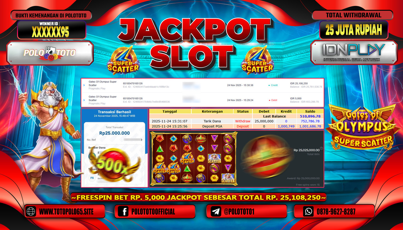POLOTOTO JACKPOT SLOT GATES OF OLYMPUS SUPER SCATTER Rp.25.000.000,- LUNAS