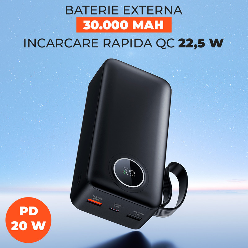 Baterie Externa Daden P64 30000 mAh, Incarcare Rapida, 22.5W QC, PD 20W, Afisaj Digital LCD, 2x USB-A, 1x USB-C, Incarcare Simultana 3 Dispozitive, Power Bank, Negru 1