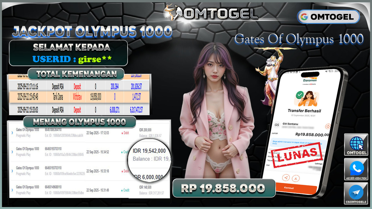 OMTOGEL JACKPOT PRAGMATIC PLAY GATES OF OLYMPUS 1000 19 JUTA DI BAYAR LUNAS ,-