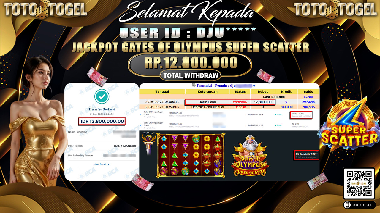 Bukti Pembayaran Jackpot Slot Gates Of Olympus Super Scatter ID:DJU*****LUNAS