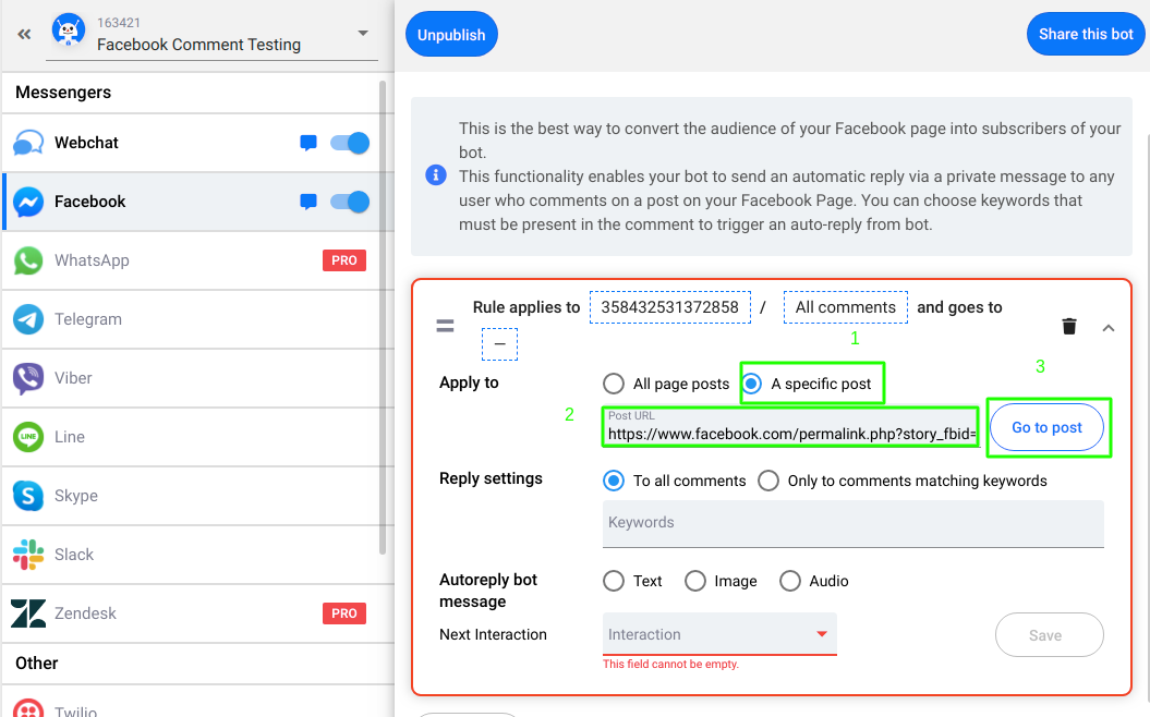 Facebook Comment bot create a rule for a Facebook Autoreply bot