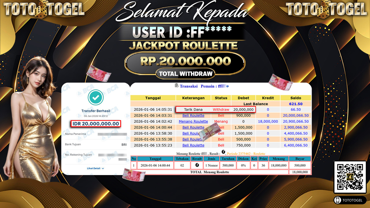 Bukti Pembayaran Jackpot Permainan Live Game Roulette ID:FF**** LUNAS