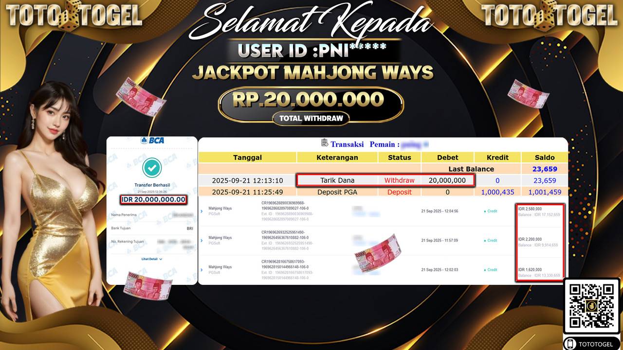 Bukti Pembayaran Jackpot Permainan Slot Mahjong Ways ID:PNI*** LUNAS