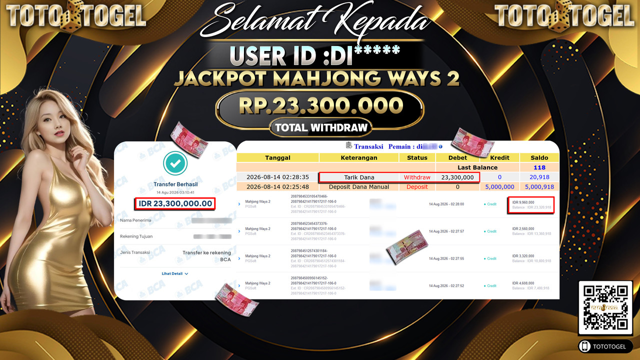 Bukti Pembayaran Jackpot Slot Mahjong Ways 2 ID:DI*****LUNAS