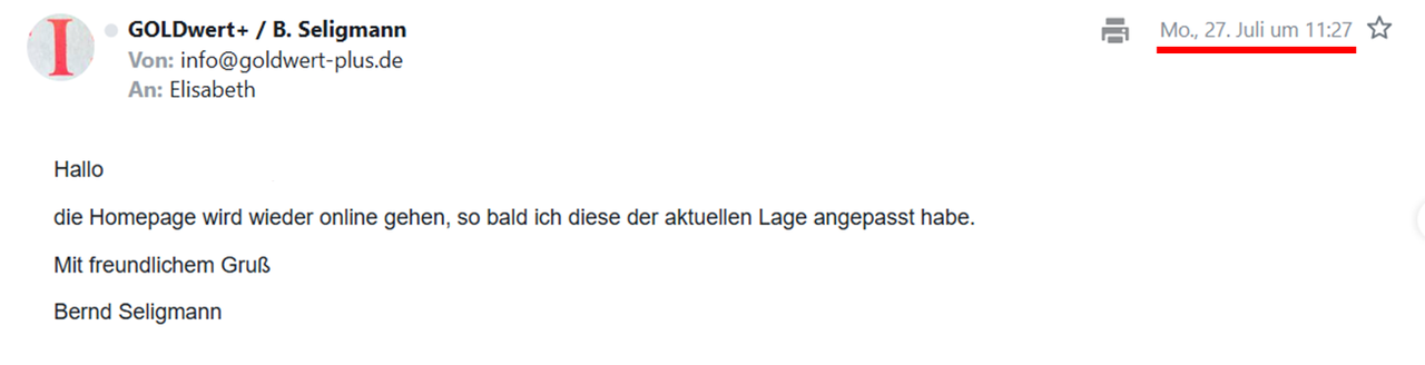 Email von Bernd Seligmann vom 27 Juli 2026