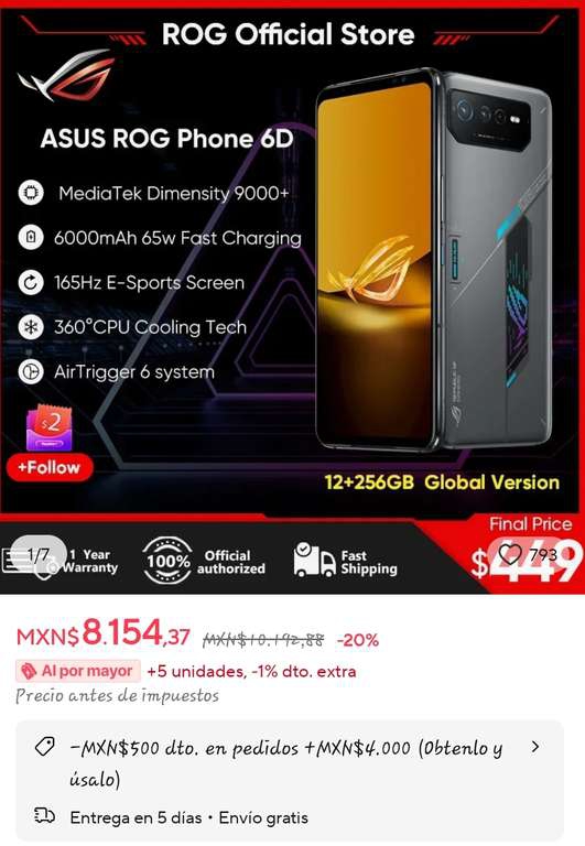 AliExpress: Asus RogPhone 6D 12/256 (envío desde México) 

