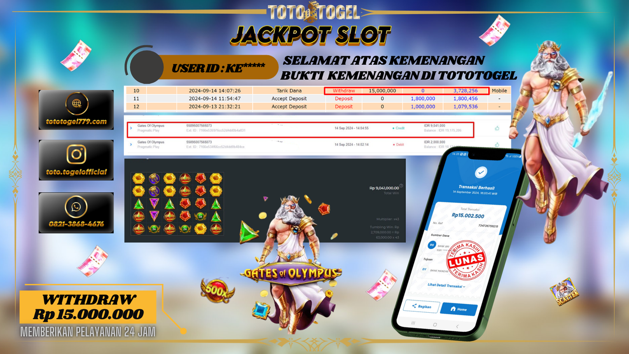 Bukti Kemenangan Permainan Slot Gates Of Olympus Dengan ID : KE***** Terbayar Lunas!!