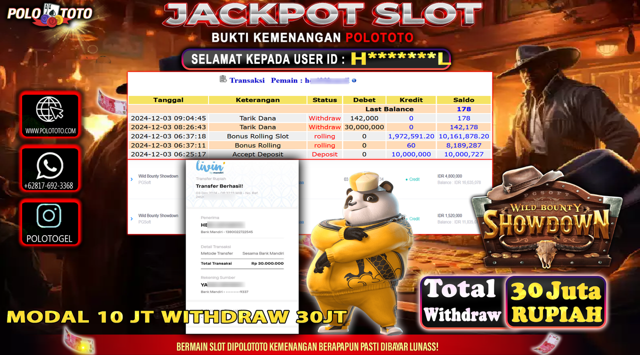 POLOTOTO JACKPOT SLOT WILD BOUNTY SHOWDOWN Rp.30,000.000,-
