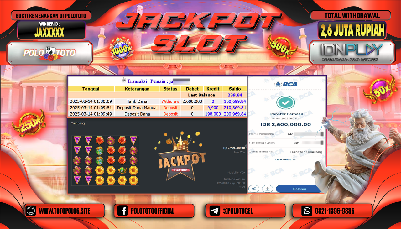 POLOTOTO JACKPOT SLOT GATES OF OLYMPUS 1000 Rp.2.600.000,-