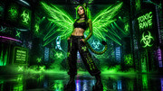 Female-dressed-in-black-trip-pants-with-green-biohazard-symbols-She-wears-a-black-top-that-shows-he