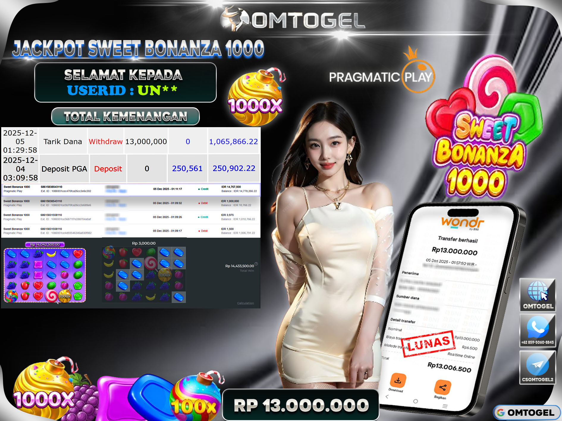 OMTOGEL JACKPOT PRAGMATIC PLAY SWEET BONANZA 1000 ,13 JUTA DI BAYAR LUNAS ,-